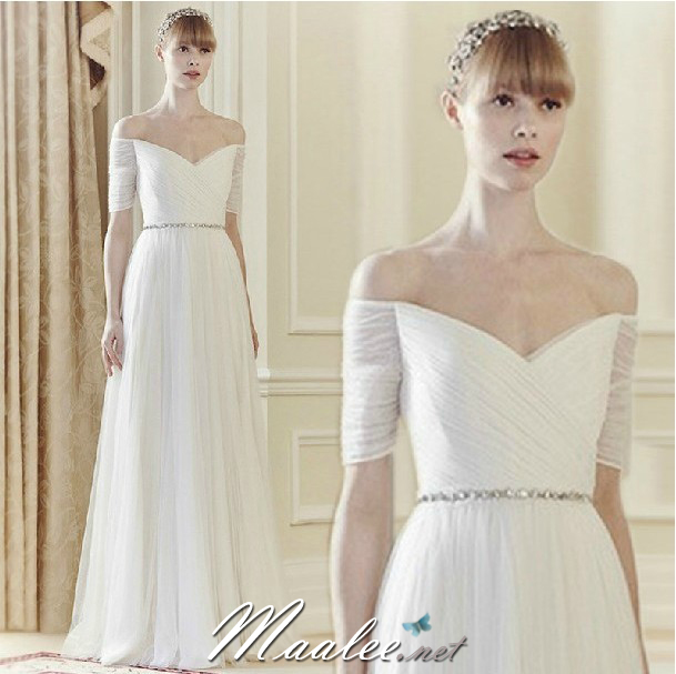 พร้อมเช่า ชุดราตรียาว & แบบปาดไหล่ สีขาว กระโปรงผ้าโปร่งตาข่ายนิ่ม ใส่สบายตัว อกจับจีบ เอวปักคริสตัลหรู (เชือกผูกหลัง)