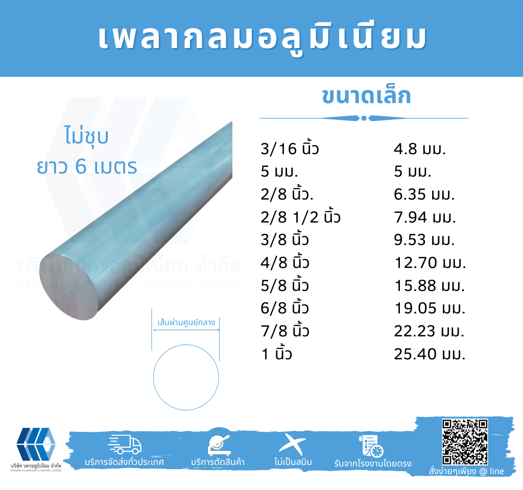 อลูมิเนียมเพลากลมตันขนาดเล็ก (ศก. 4.8 -25.40 มม.) ไม่ชุบ ยาว 6 ม.