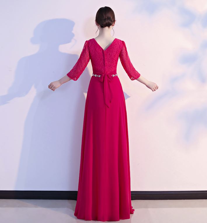 พร้อมเช่า ชุดราตรียาว สีชมพู บานเย็น ไซส์ใหญ่ แขนสามส่วน แต่งลูกไม้ กระโปรงผ้าชีฟอง เอวแต่งเพชร มีไซส์ XL - 3XL