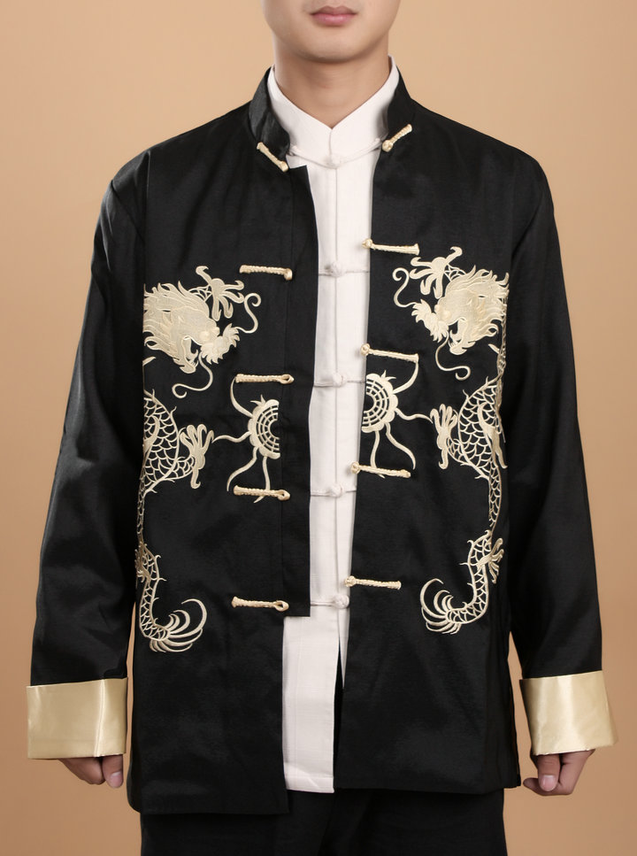Pre-order ชุดจีน ชาย เสื้อคอจีน ผ้าไหมจีน สีดำ ปักลายมังกร