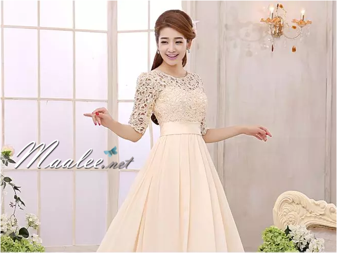 พร้อมเช่า ชุดราตรีสั้น สีครีม แขนสามส่วน ลูกไม้ฉลุ กระโปรงผ้าชีฟอง