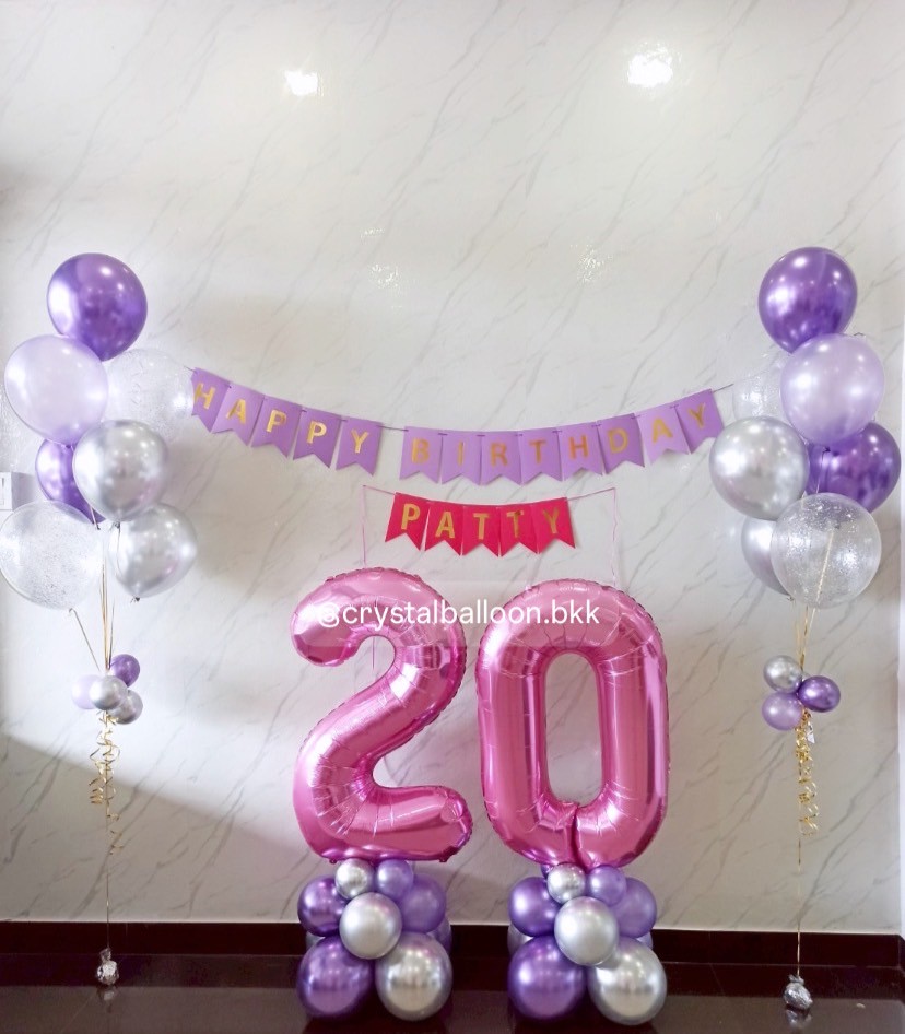 ลูกโป่ง วันเกิด ช่อลูกโป่ง ช่อ 7 ลูก 2 ช่อ พร้อม ป้ายธง Happy Birthday 1 ชิ้น , ป้ายธง 5 อักษร , ฟอยล์ตัวเลข ขนาด 40" สีชมพู 2 ชิ้น ตั้งฐาน Theme ชมพู - ม่วง พร้อมตกแต่ง สามารถเปลี่ยนสีลูกโป่งได้