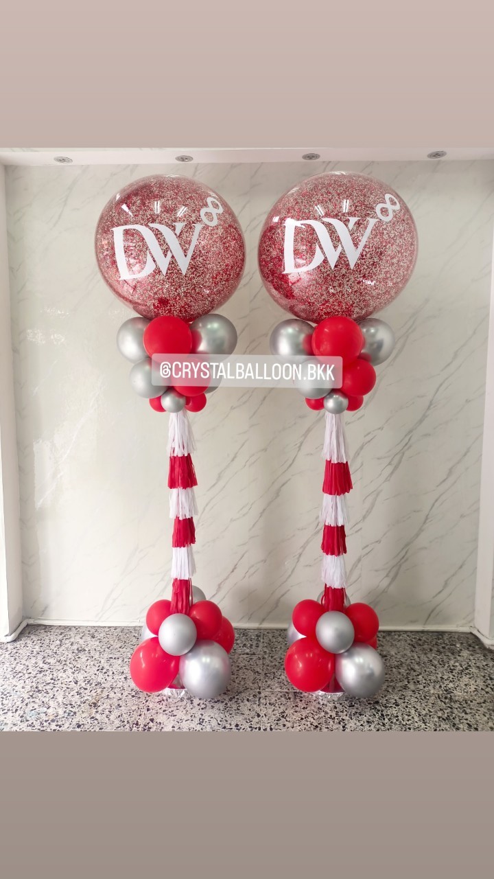 เสาลูกโป่ง เปิดงาน Bubble ขนาด 36" กลิตเตอร์สีแดง 2 เสา พร้อมตกแต่ง สามารถเปลี่ยนสีลูกโป่ง/เปลี่ยนข้อความได้