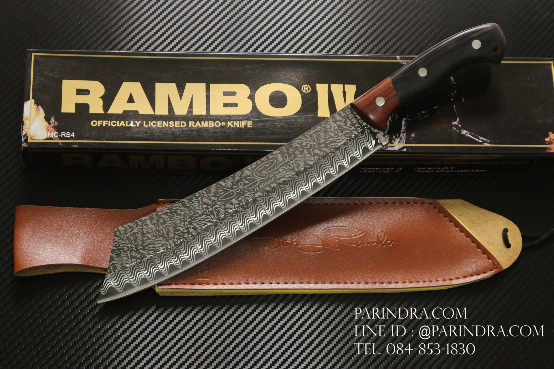 มีดเดินป่าใบตาย RAMBO IV แรมโบ้ 4 สุดโหด (ใบมีดลายดามัสกัสเทียม) ด้ามไม้