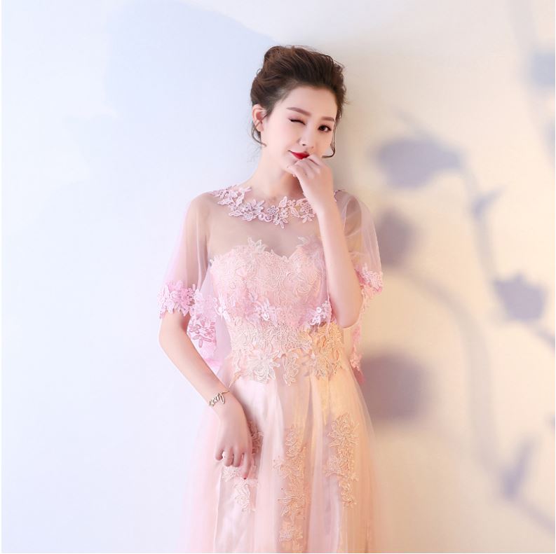 พร้อมส่ง เสื้อคลุมชุดราตรี ตาข่ายลูกไม้ สีโอโรส สวยหรู