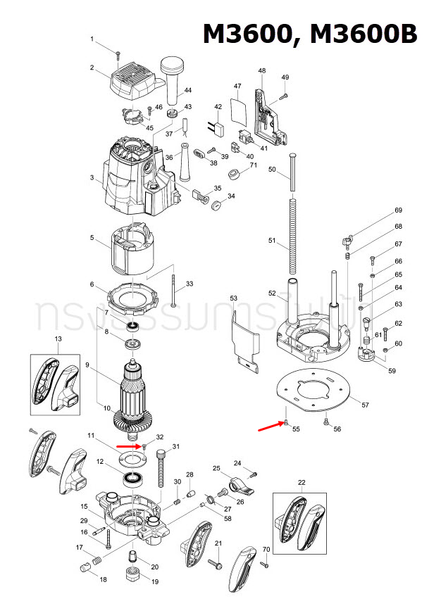 สกรูหัวเรียบ เราท์เตอร์ Maktec, Makita MT360, MT362 [#55], M3600, M3600B [#32, #55] Pn.265135-6 (แท้) ##(*)