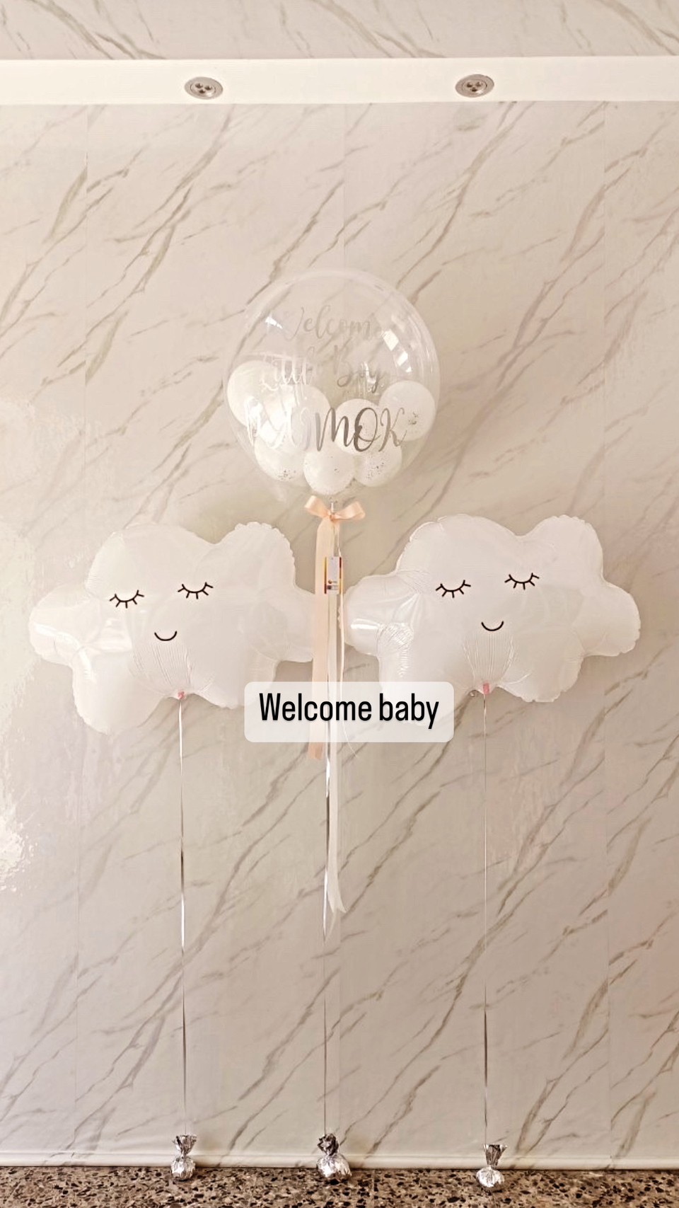 ลูกโป่ง Welcome Baby Bubble USA 24" สีขาว พร้อมตกแต่ง ฟอยล์ก้อนเมฆ 2 ชิ้น สามารถเปลี่ยนสีลูกโป่ง/เปลี่ยนข้อความ/เปลี่ยนฟอยล์ตกแต่งได้