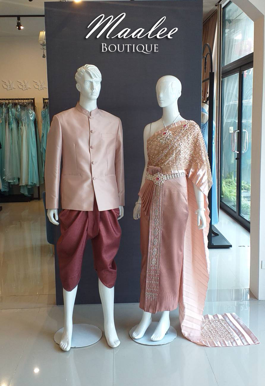 พร้อมเช่า ชุดแต่งงานไทยประยุกต์ สีชมพูอ่อน (ราคาเช่าเป็นคู่)