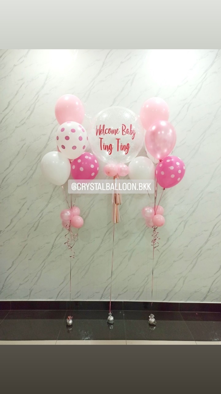 ลูกโป่ง Welcome Baby Girl Bubble ขนาด 24" กลิตเตอร์สีขาว พร้อม ช่อลูกโป่ง ช่อ 5 ลูก 2 ช่อ พร้อมตกแต่ง สามารถเปลี่ยนสีลูกโป่ง/เปลี่ยนข้อความ/เปลี่ยนขนาดได้