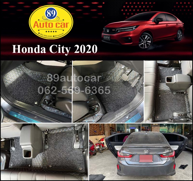 พรมปูพื้นรถยนต์ Honda City 2022 ปูพรม7D สีดำด้ายฟ้า + พรมดักฝุ่นสีดำ เข้ารูป