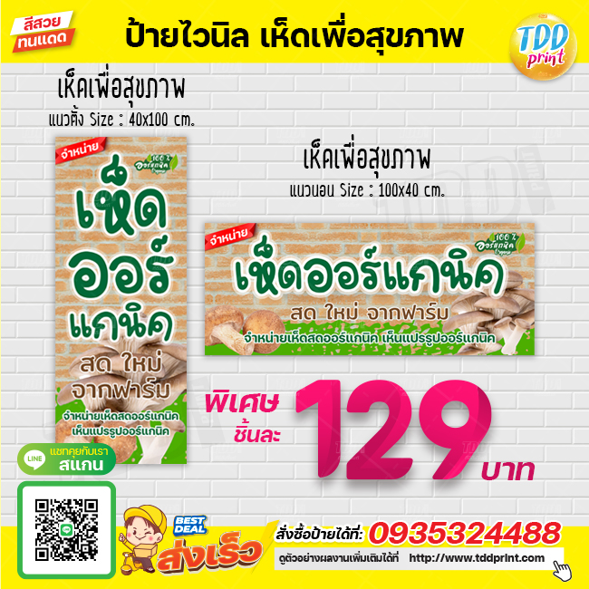 ป้ายไวนิลจำหน่ายเห็ดออร์แกนิค V1 ป้ายทนแดด กันน้ำ ภาพคมชัด สีสวยสดใส พร้อมใช้งาน