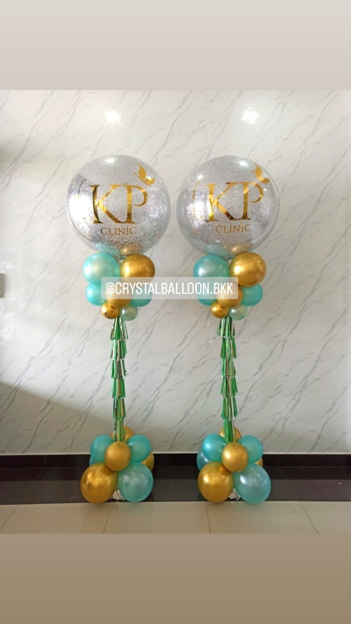 เสาลูกโป่ง เปิดร้าน Bubble ขนาด 36" กลิตเตอร์สีเงิน 2 เสา พร้อมตกแต่ง สามารถเปลี่ยนสีลูกโป่ง/เปลี่ยนข้อความได้
