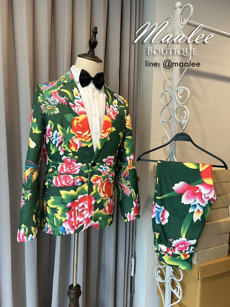 พร้อมเช่า ชุดสูทชาย สูทจีน ลายดอก สีเขียว