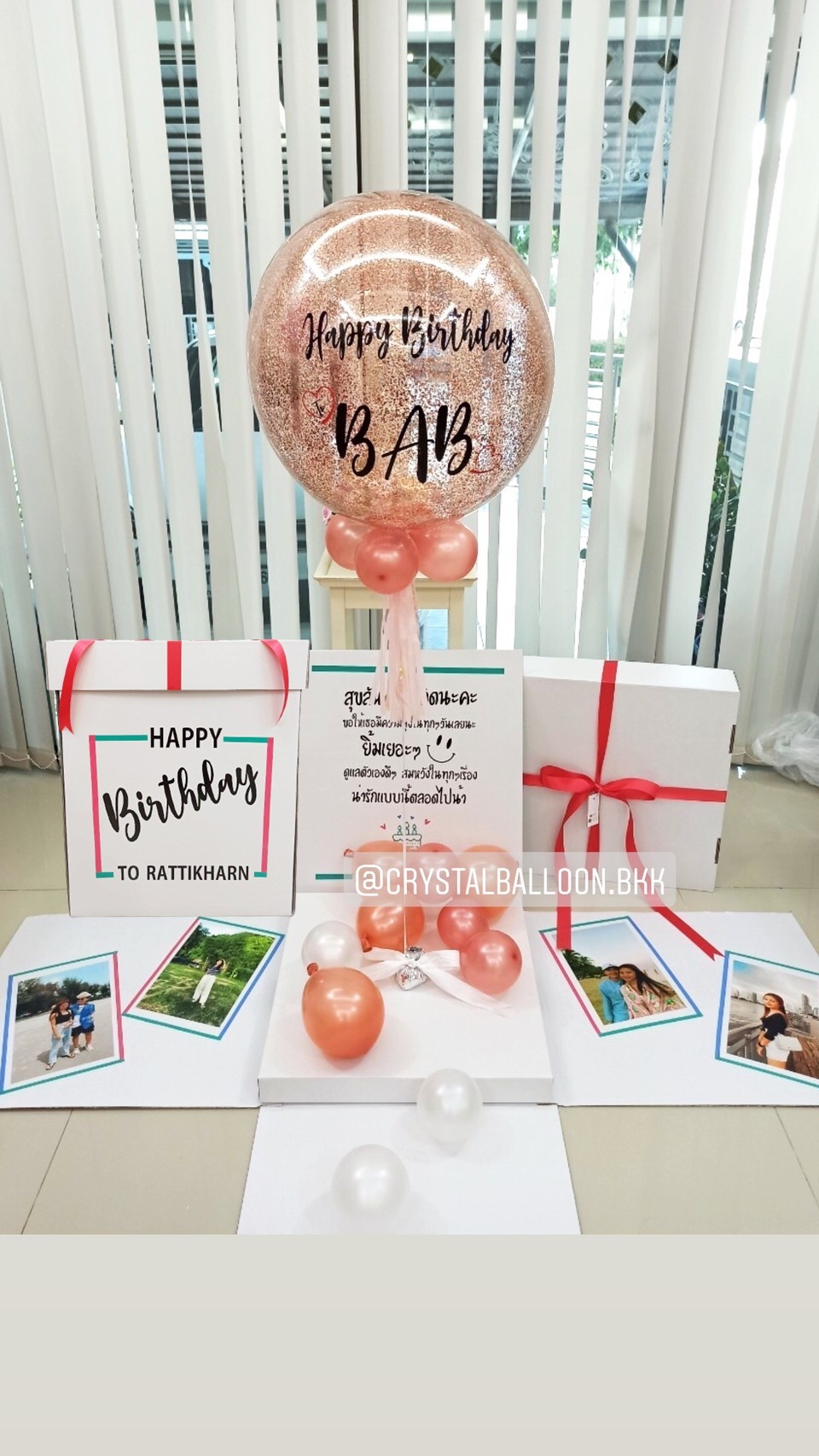 Surprise Box กล่องเซอร์ไพรส์วันเกิด Bubble ขนาด 24" พร้อมตกแต่ง สามารถใส่รูปได้ 4 ใบ สามารถเปลี่ยนสีลูกโป่ง/ข้อความได้