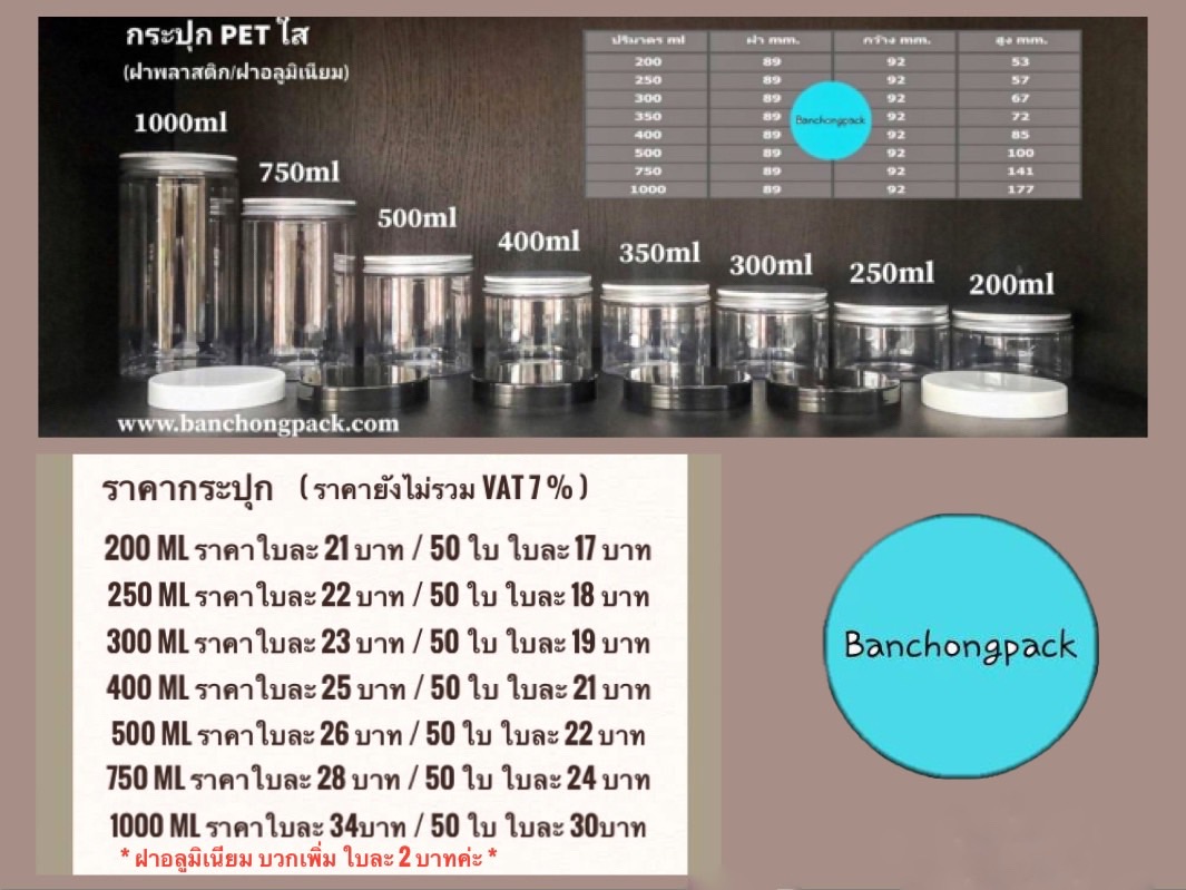 กระปุก PET ฝาเกลียวอลูมิเนียม, ฝาทอง 200ml, 250ml, 300ml, 350ml, 400ml, 500ml, 750ml และ 1000ml (ขายปลีก 1 ใบ / ขายส่ง 50ใบ) 200 - 1000 ml 0 กก.