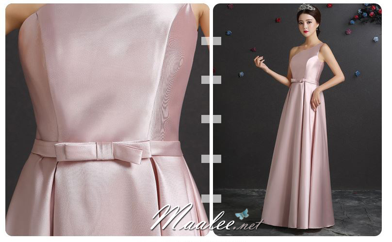 พร้อมเช่า ชุดราตรียาว ชุดเพื่อนเจ้าสาว สีชมพู Pastel แบบ F ไหล่เดียว ผ้าซาติน มีโบว์ช่วงเอว (เชือกผูกด้านหลัง)