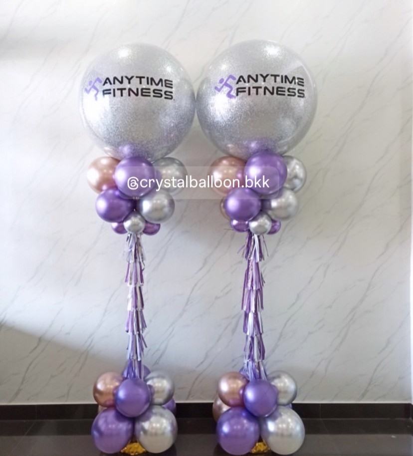 เสาลูกโป่ง เปิดงาน Bubble ขนาด 36" กลิตเตอร์สีเงิน 2 เสา พร้อมตกแต่ง สามารถเปลี่ยนสีลูกโป่ง/เปลี่ยนข้อความได้