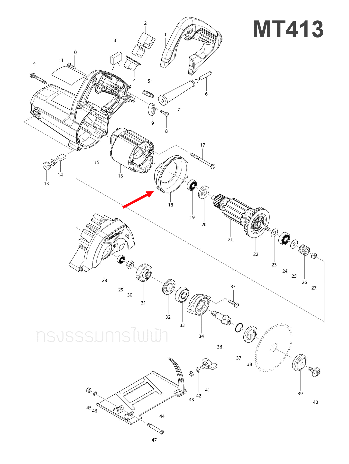 บังใบ, บังลมทุ่น เครื่องตัด มาคเทค-Maktec MT410 [#28], MT413 [#18] Pn.417810-2 (แท้) ##