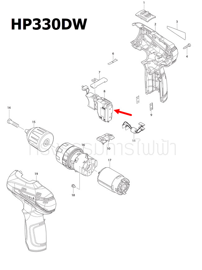 สวิทช์ สว่านไร้สาย Makita มากีต้า HP330D, HP330DZ, HP330DW [#8], TW100 Pn.650691-3 (แท้) ## (**)