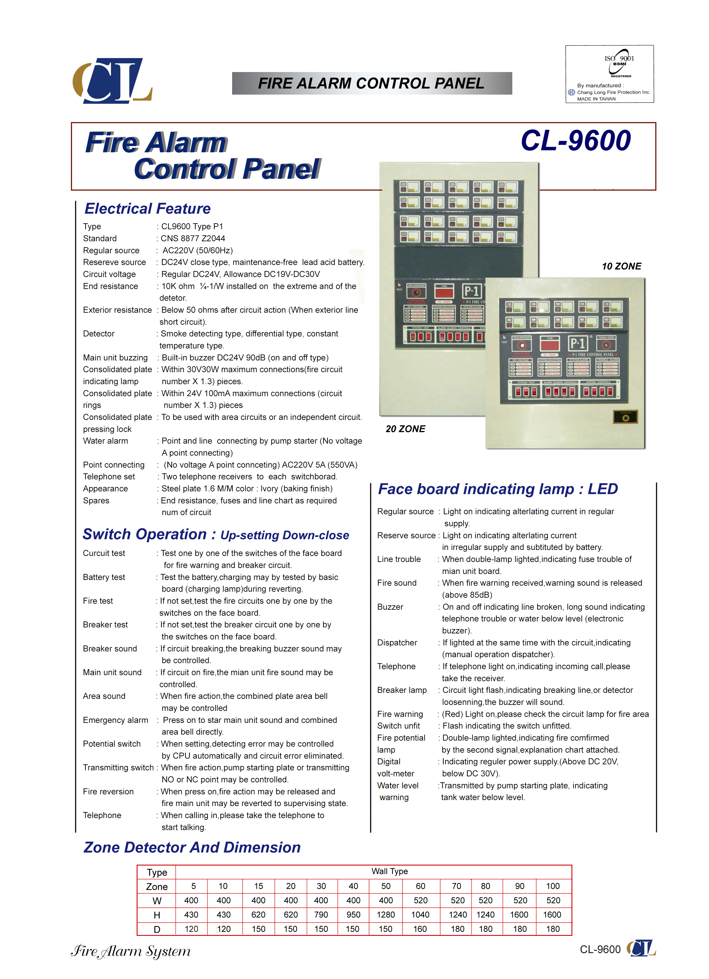 Fire Alarm Control Panel (ตู้ควบคุมระบบไฟอลาม) ขนาด 5-50 โซน รุ่น CL-9600 ยี่ห้อ CL
