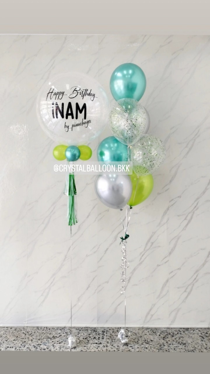 ลูกโป่ง วันเกิด Bubble ขนาด 24" กลิตเตอร์สีขาว 1 ลูก พร้อม ช่อลูกโป่งสีโครเมี่ยม ช่อ 7 ลูก 1 ช่อ Theme สีเขียวโครเมี่ยม พร้อมตกแต่ง สามารถเปลี่ยนสีลูกโป่ง/เปลี่ยนข้อความ/เปลี่ยนขนาดได้