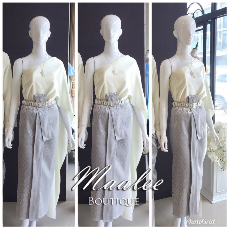 เช่า ชุดไทย ชุดเพื่อนเจ้าสาว ชุดไทยผ้าถุงสีเทาเงิน สไบเรียบ สีงาช้าง