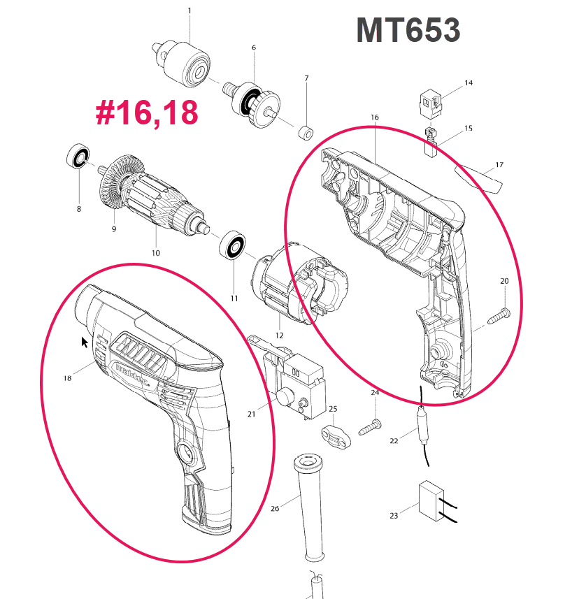 เสื้อฟิลคอยล์ สว่าน Maktec MT653 [#16,18] Pn.187553-7 (แท้) ##