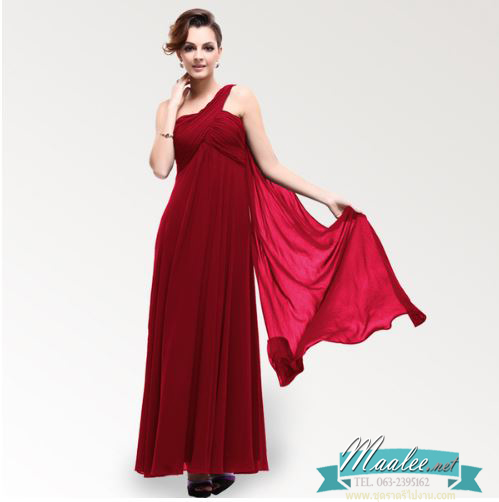 พร้อมส่ง ชุดราตรียาว เกาะอก ไหล่เดียว สีไวน์แดง ผ้าชีฟองจับเดรปไขว่ช่วงหน้าอก ทิ้งชายด้านหลัง (ซิปข้างลำตัว)