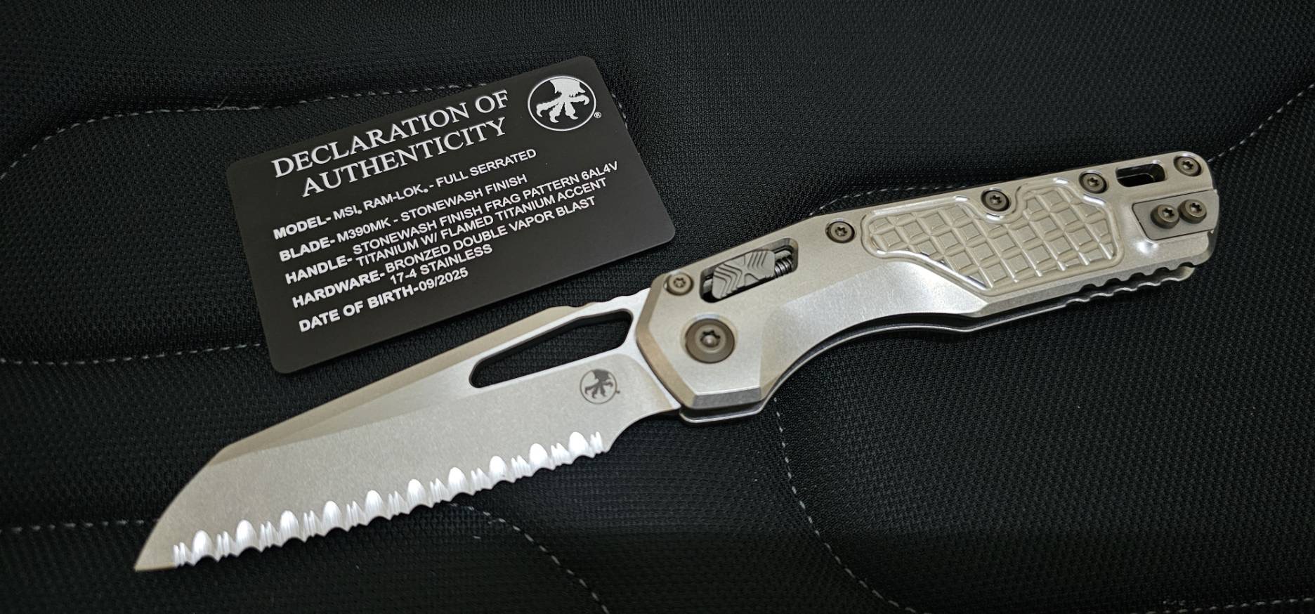 Microtech Marfione Select MSI RAM LOK Frag Titanium Handles w/ Double Vapor Blast & Flamed Accents & Full Serrated Stonewash M390MK