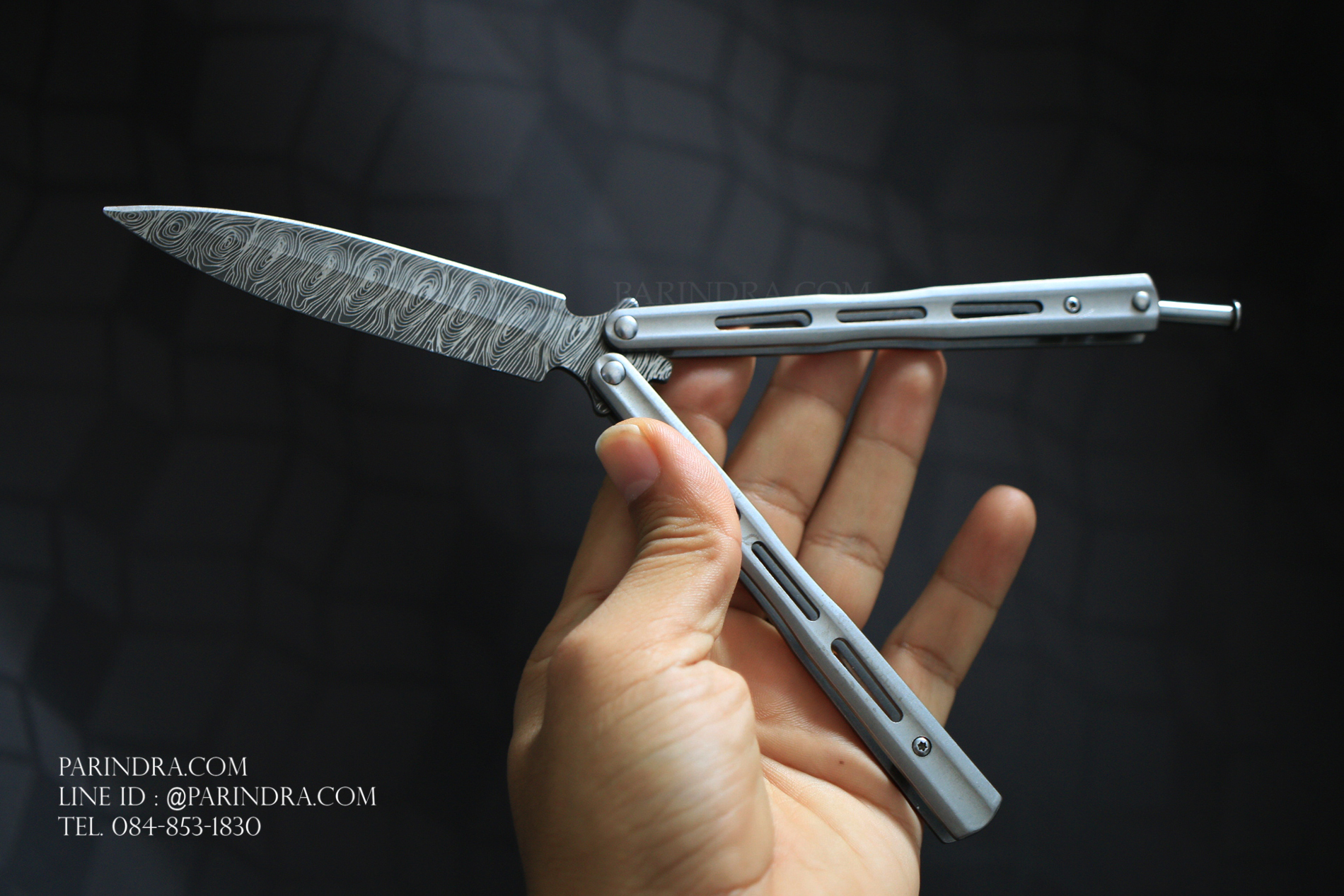 มีดบาลีซอง Balisong มีดควง มีดปีกผีเสื้อ ใบมีดยิงเลเซอร์ลายดามัสกัส