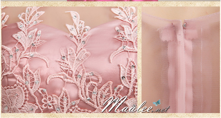 พร้อมเช่า ชุดราตรียาว สีชมพูกะปิ ปักลูกไม้แต่งเลื่อม ด้านหลังเป็นแบบซีทรู กระโปรงผ้าซาติน ชายยาว