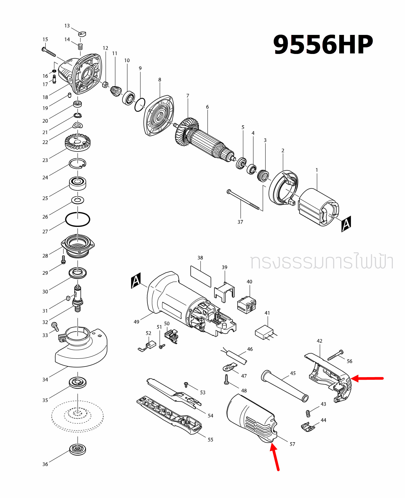 REAR COVER SET หินเจียรไฟฟ้า Makita-มากีต้า 9556HP[#42,57] Pn.183943-2 (แท้) ##