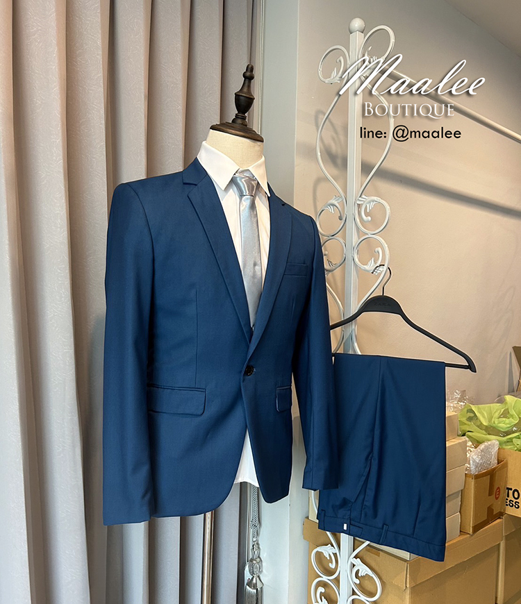 พร้อมเช่า ชุดสูทชาย สีฟ้าน้ำทะเล สไตล์เกาหลี (ไม่มีเสื้อกั๊ก)