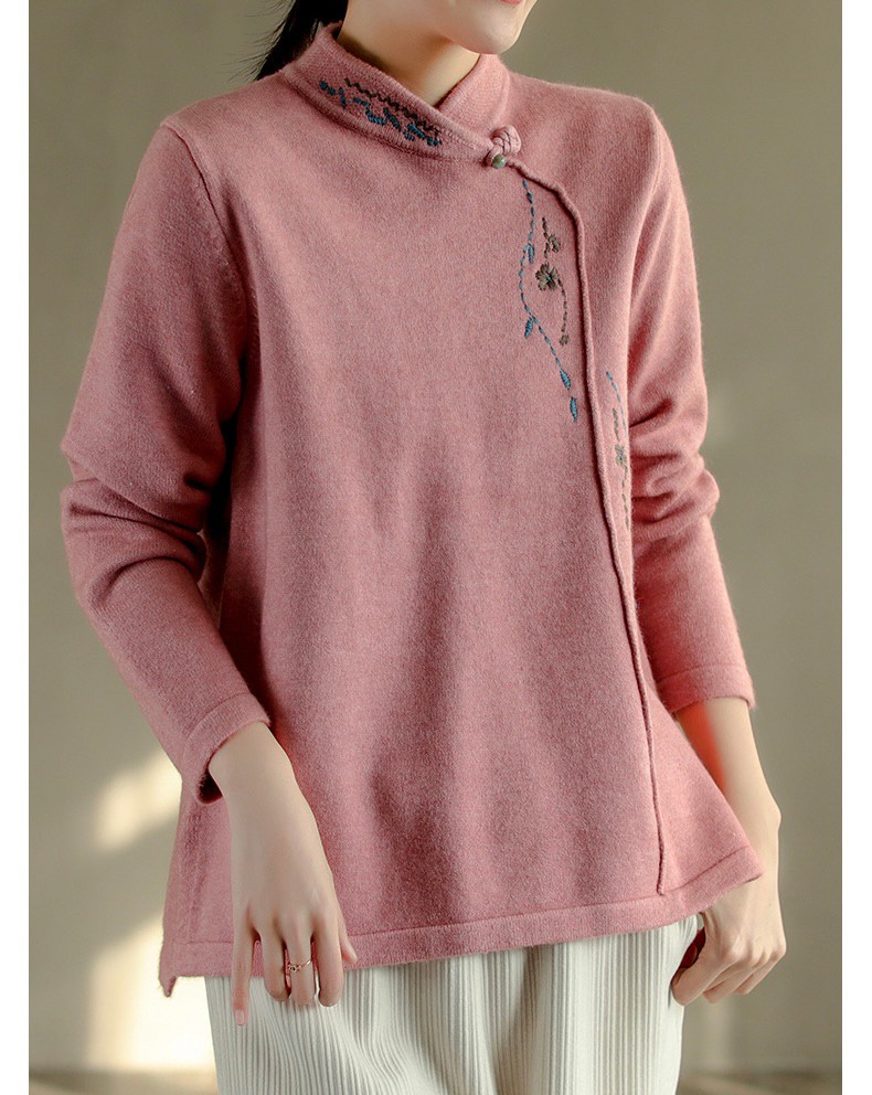 เสื้อไหมพรมคอจีนปักด้ายเดินเส้น