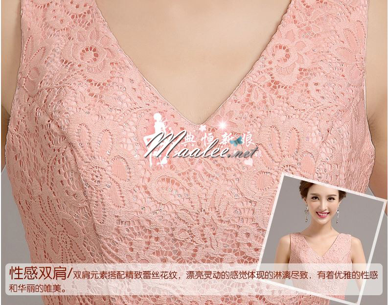 พร้อมเช่า ชุดราตรียาว แขนกุด ลูกไม้แต่งเลื่อม คาดเอวแผงลูกปัด สีชมพู