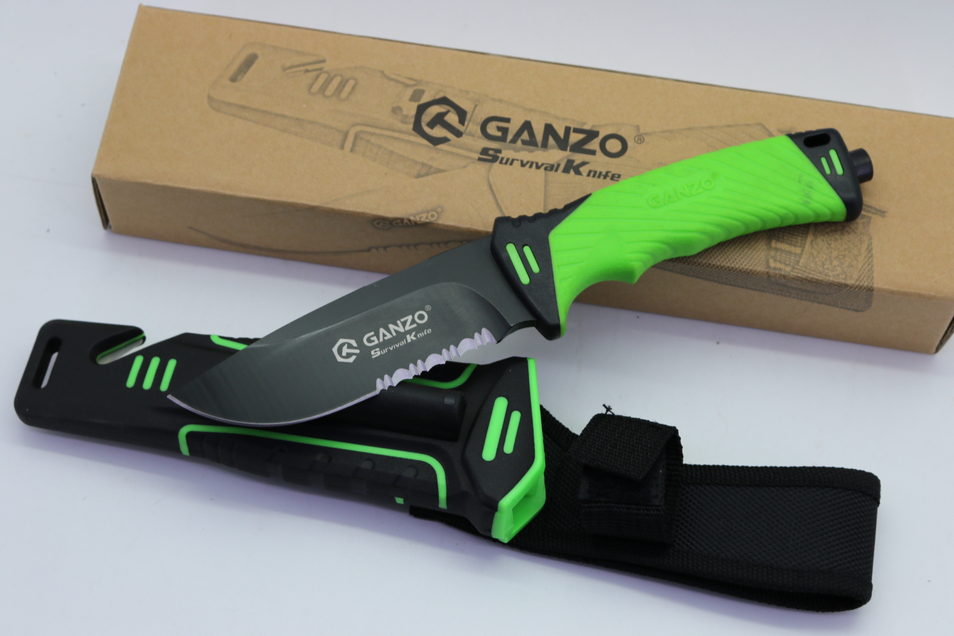 มีดใบตายเดินป่า Ganzo Hunting Survival Knife กานโซ่ รุ่น G-801 LGS สีเขียวอ่อนตัดดำรุ่นใหม่ ใบมีดกึ่งหยัก ของแท้ 100%
