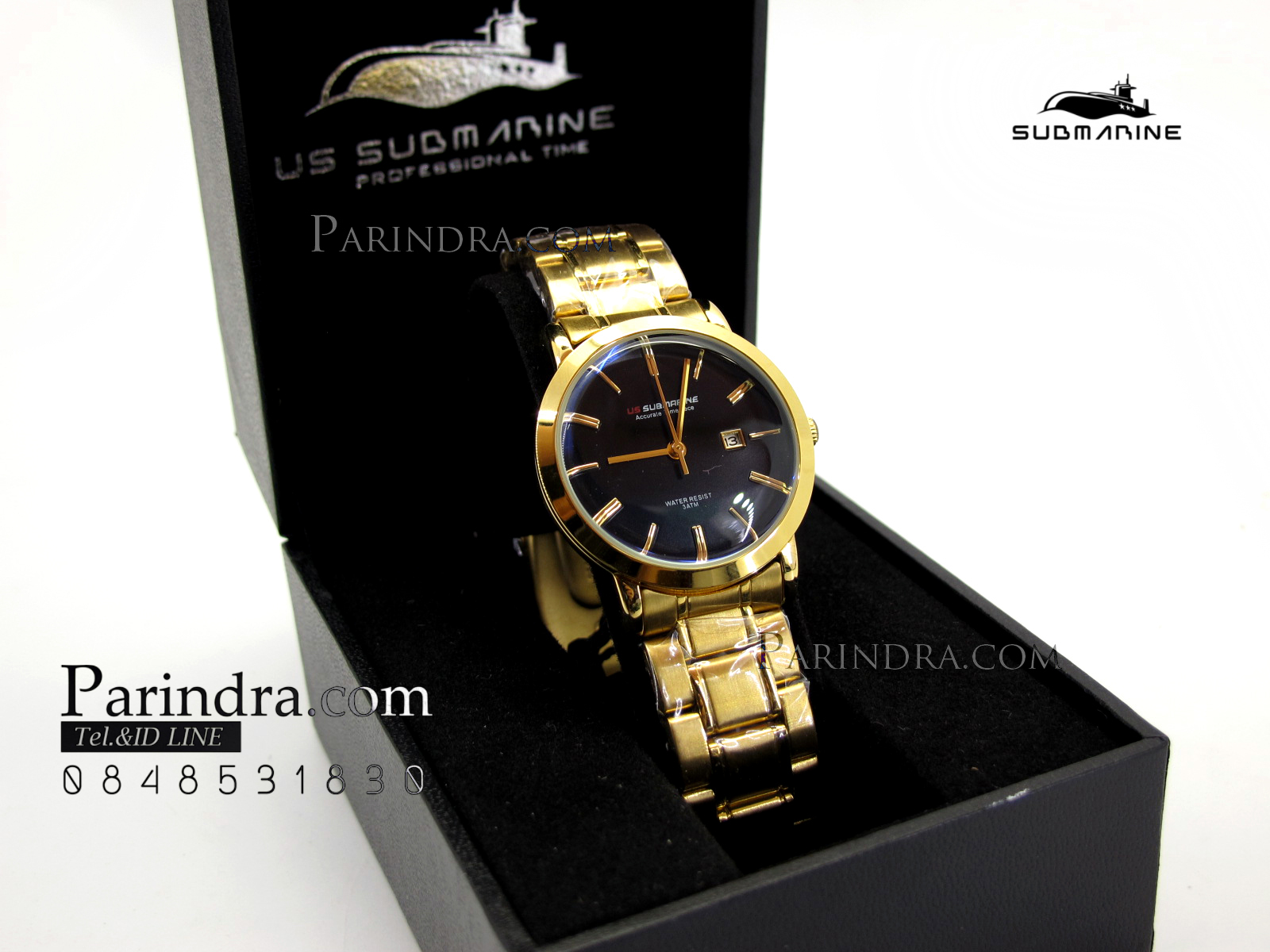 นาฬิกาคู่ US submarine รุ่น J117LD เรือนสีทองหน้าปัดสีดำ