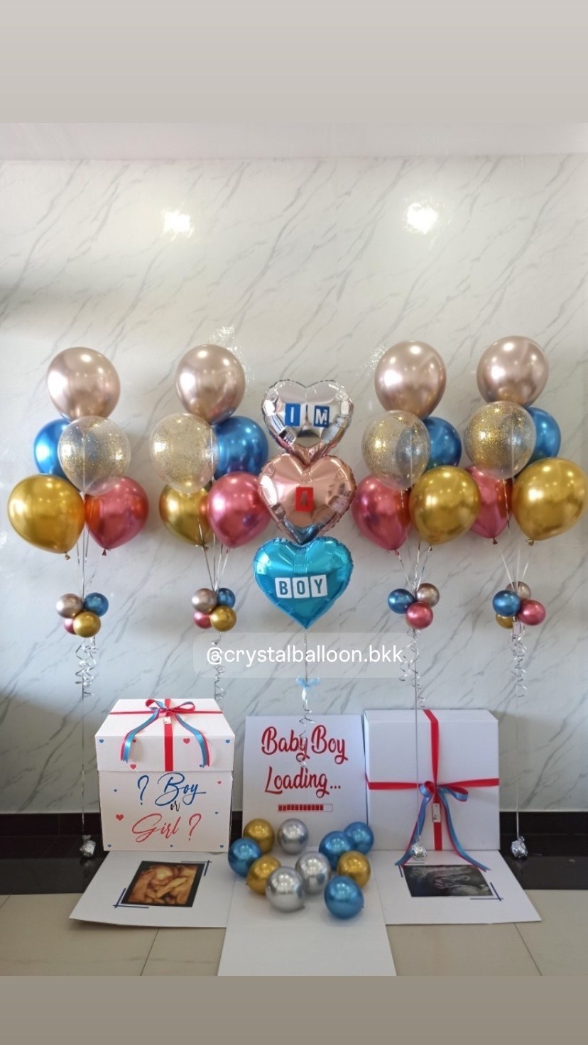 Gender Reveal Surprise Box กล่องเซอร์ไพรส์ทายเพศ พร้อม ฟอยล์หัวใจ 18" 3 ชิ้น,ลูกโป่งช่อ 5 ลูก 4 ช่อ ,พร้อมตกเเต่ง สามารถใส่รูปได้ 2 ใบ สามารถเปลี่ยนสีลูกโป่ง/เปลี่ยนข้อความ/เปลี่ยนสีฟอยล์ตกเเต่งได้