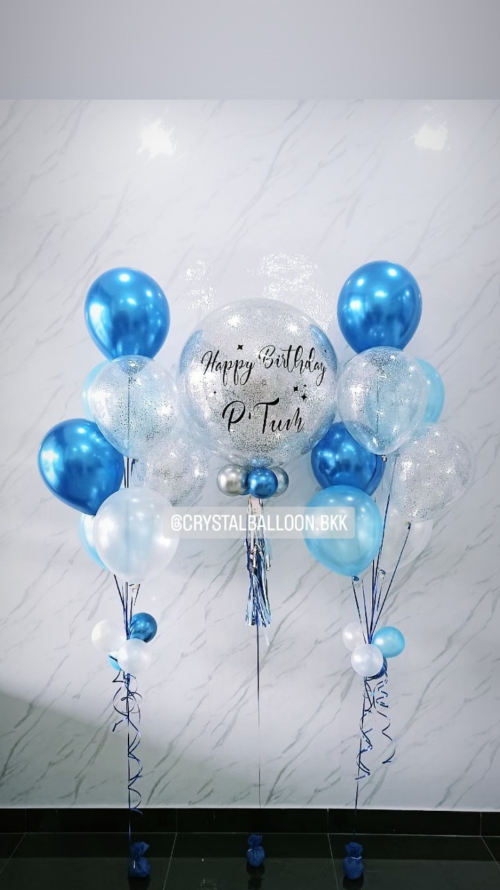 ลูกโป่ง วันเกิด Bubble ขนาด 24" สีเงิน พร้อม ช่อลูกโป่ง ช่อ 7 ลูก 2 ช่อ,ลูกโป่งใส ใส่ กลิตเตอร์ พร้อมตกเเต่ง สามารถเปลี่ยนสีลูกโป่ง/เปลี่ยนข้อความ/เปลี่ยนขนาดได้