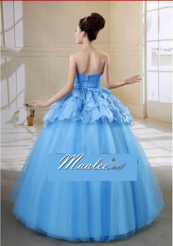 พร้อมเช่า ชุดแฟนซี ชุดราตรียาว สีฟ้า เกาะอก แต่งระบาย กระโปรงพองสวย ซิปหลัง