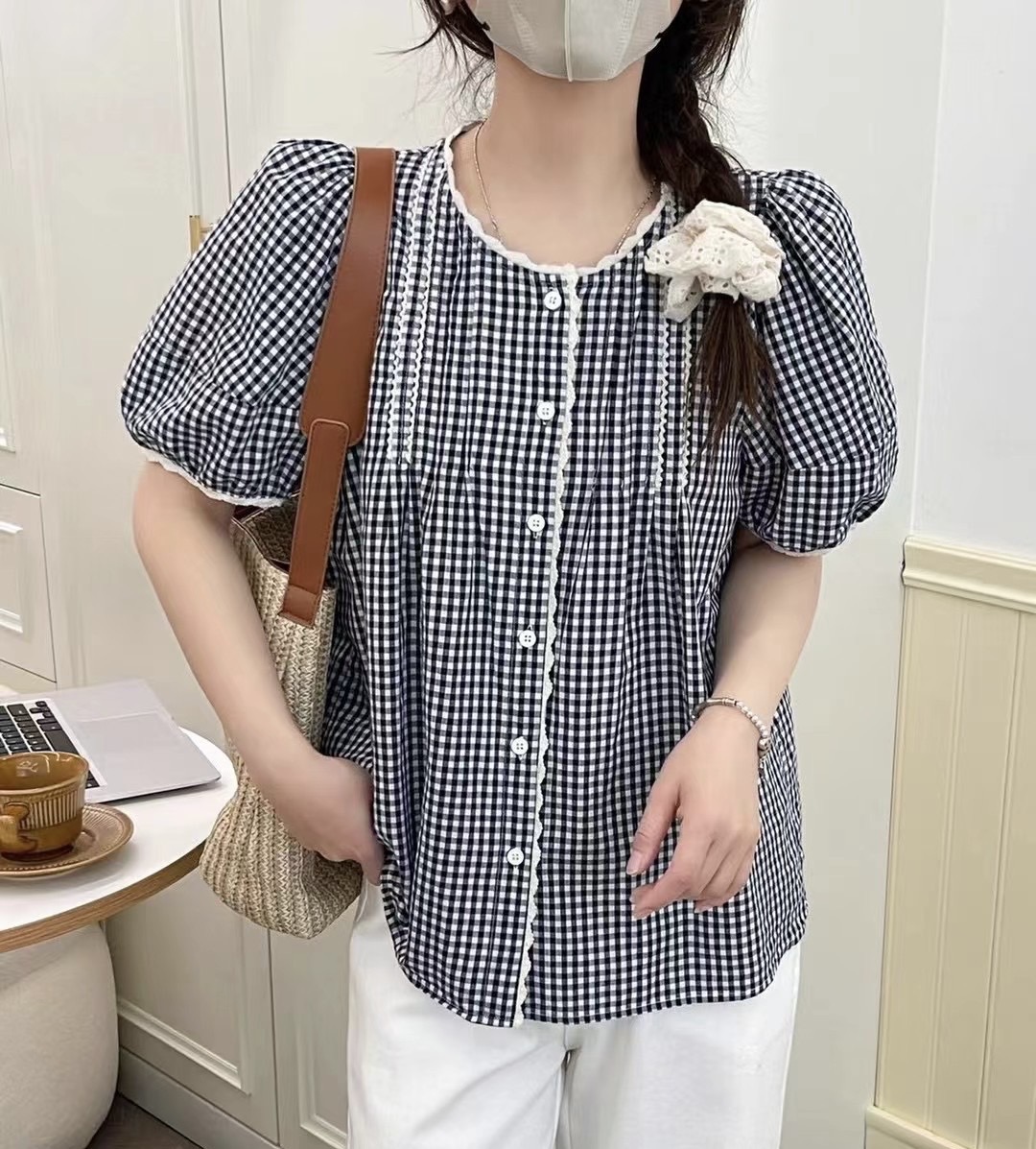 เสื้อผ้าฝ้ายลายสก็อตแต่งลูกไม้