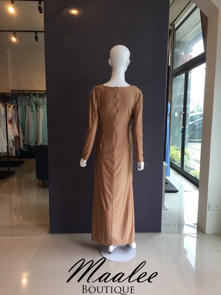 พร้อมเช่า ชุดราตรียาว แขนยาว สีทอง เนื้อผ้ายืดใส่สบาย