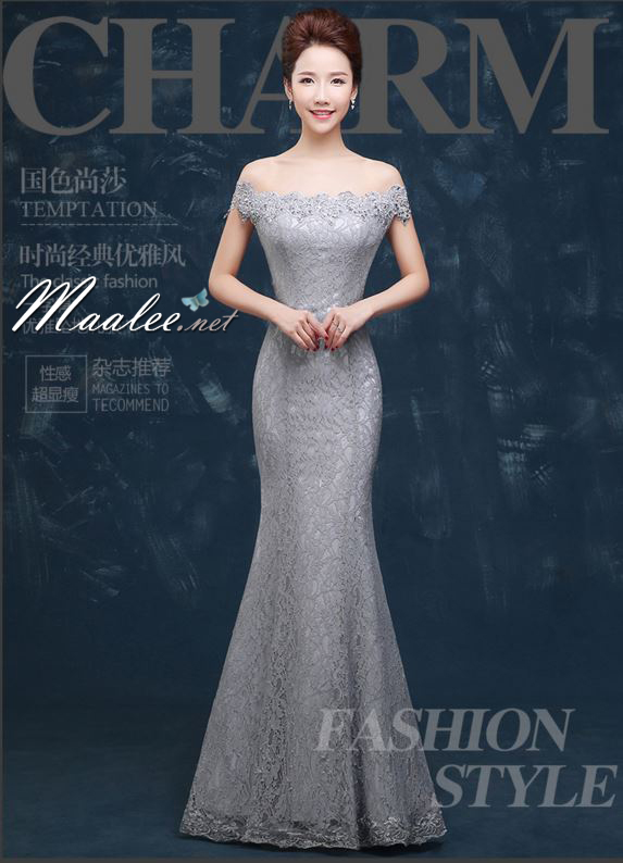 พร้อมเช่า ชุดราตรียาว แบบปาดไหล่ เข้ารูป ทรงหางปลา สีเทา ผ้าลูกไม้ แต่งเลื่อมสุดหรู (เชือกผูกหลัง)