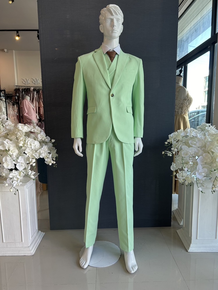 พร้อมเช่า ชุดสูทชาย สีเขียวพาสเทล 1 กระดุม (พร้อมเสื้อกั๊ก) ผ้า Cotton twill 100% ทอลายในตัว