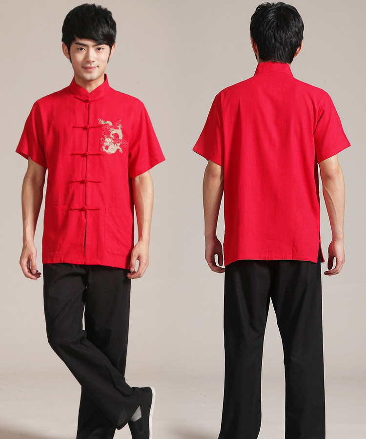 Pre-order ชุดจีน เสื้อจีนชาย แขนสั้น ผ้าฝ้าย สีแดง ปักลายมังกร