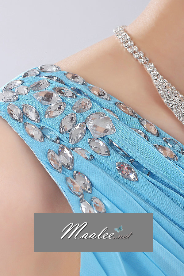 พร้อมเช่า ชุดราตรียาว แขนกุด สไตล์กรีก ปักเลื่อมช่วงไหล่และเอว ผ้าชีฟองจับเดรป สีเขียว Mint