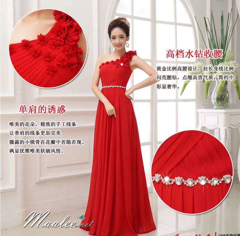 พร้อมเช่า ชุดราตรียาว ไหล่เดียว ผ้าชีฟองคาดเพชรที่เอว แต่งดอกสวย สีเหลือง