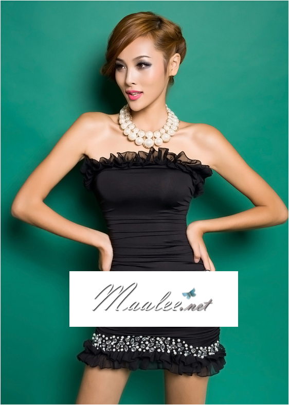 พร้อมเช่า ชุดเดรสสั้น เกาะอก สีดำ สุดเปรี้ยว ถอดหางปลาออกได้