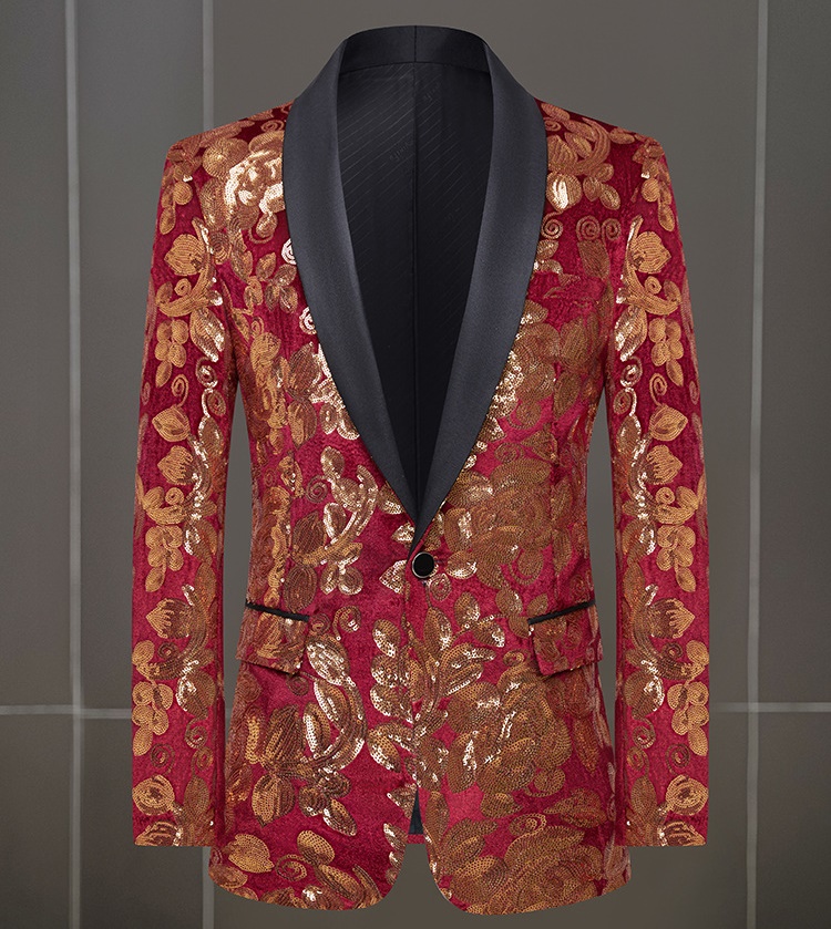 Pre-order เสื้อสูทชาย สูทแฟชั่น สูทดำแต่งเลี่อม สีม่วงแดง