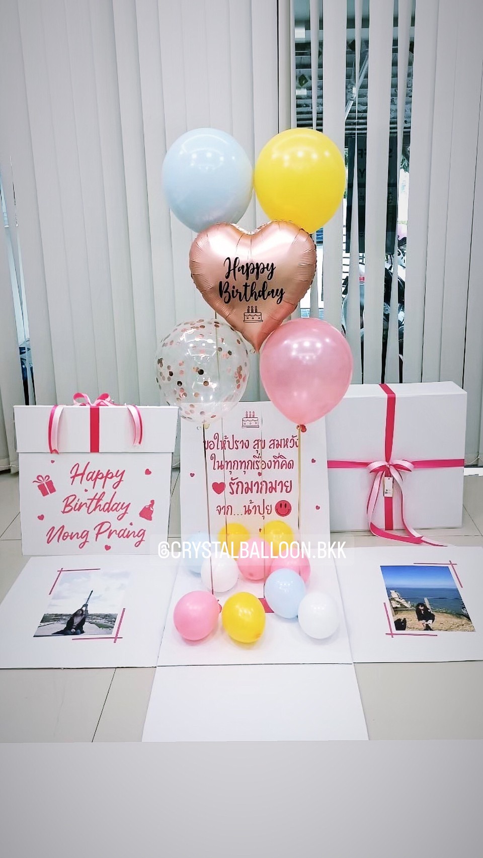 Happy Birthday Surprise Box กล่องเซอร์ไพรส์วันเกิด พร้อมตกแต่ง ฟอยล์หัวใจ ขนาด 18" 1 ชิ้น,ลูกโป่งใส ใส่ Confetti,สามารถใส่รูปได้ 2 ใบ สามารถเปลี่ยนสีลูกโป่ง/เปลี่ยนข้อความ/เปลี่ยนสี-ฟอยล์ตกแต่งได้